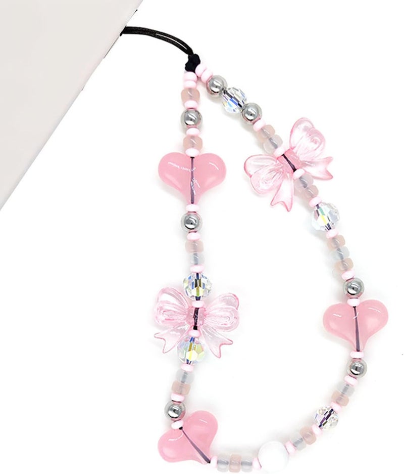 WCCH Beaded Phone Charm Y2K Kawaii Handmade Acrylic Phone Lanyard Wrist Strap for Camera Bag Airpods Keychain Charm Light Pink Heart and Bow - Image 1